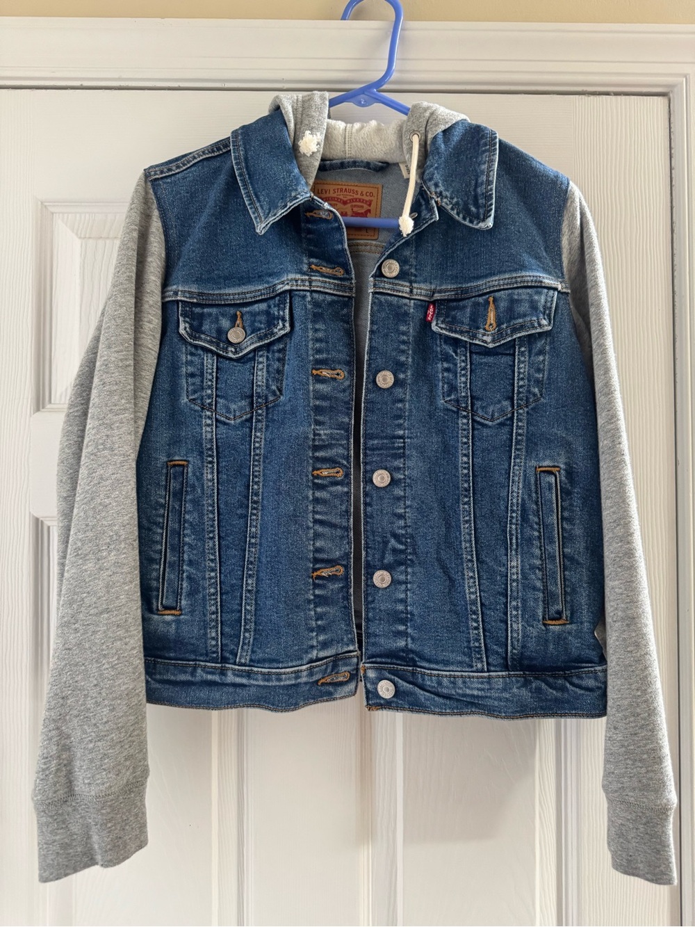 Levi's Blue Denim Jacket with Gray Hoodie Sleeves